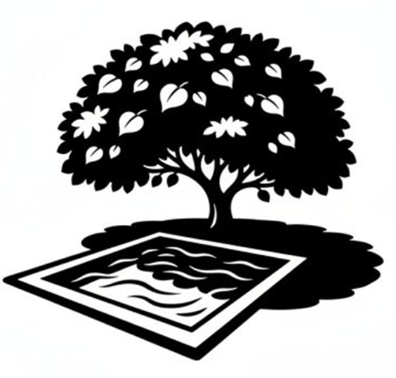 logo en noir et blanc représentant une piscine à l'ombre d'un tilleul